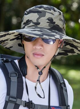 帽子男夏季户外钓鱼现货圆顶迷彩大檐遮阳防晒透气四季登山渔夫帽