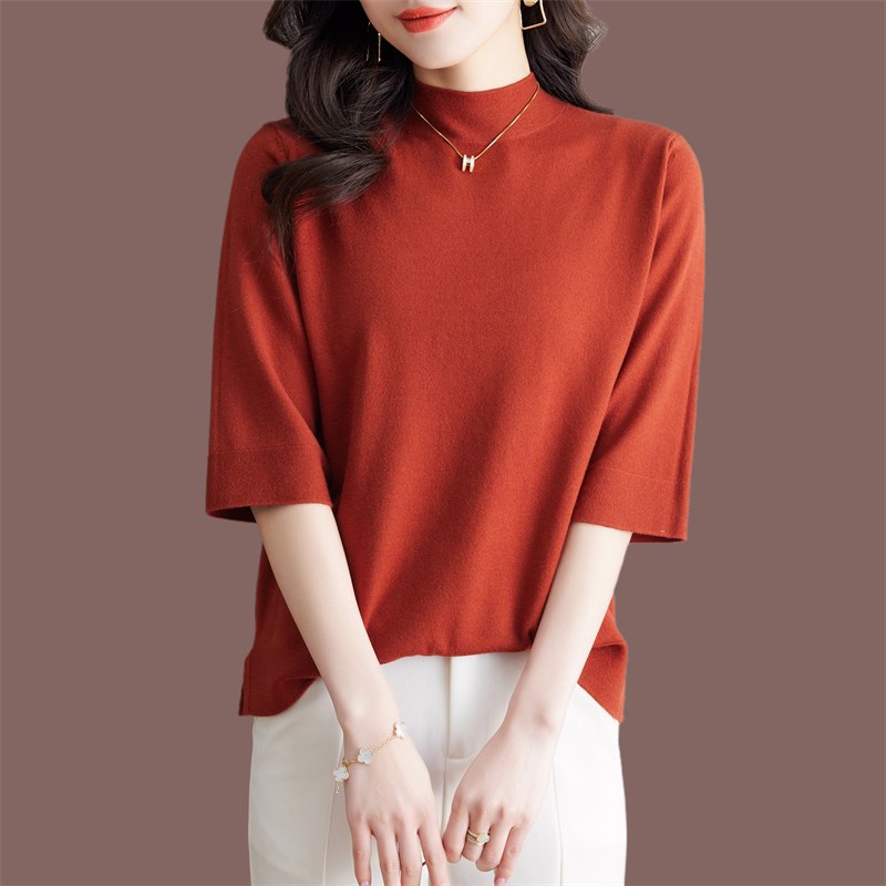 羊毛衫半高领中袖t恤女2024新款中年妈妈春秋大码薄款针织打底衫