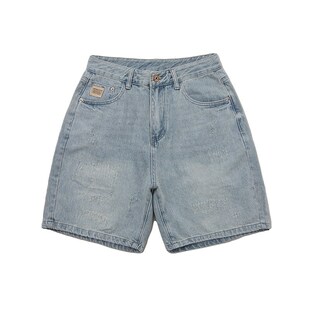 薄牛仔中裤 阿美咔叽宽松破洞潮流短裤 男式 复古蓝黑五分裤 工装 夏季