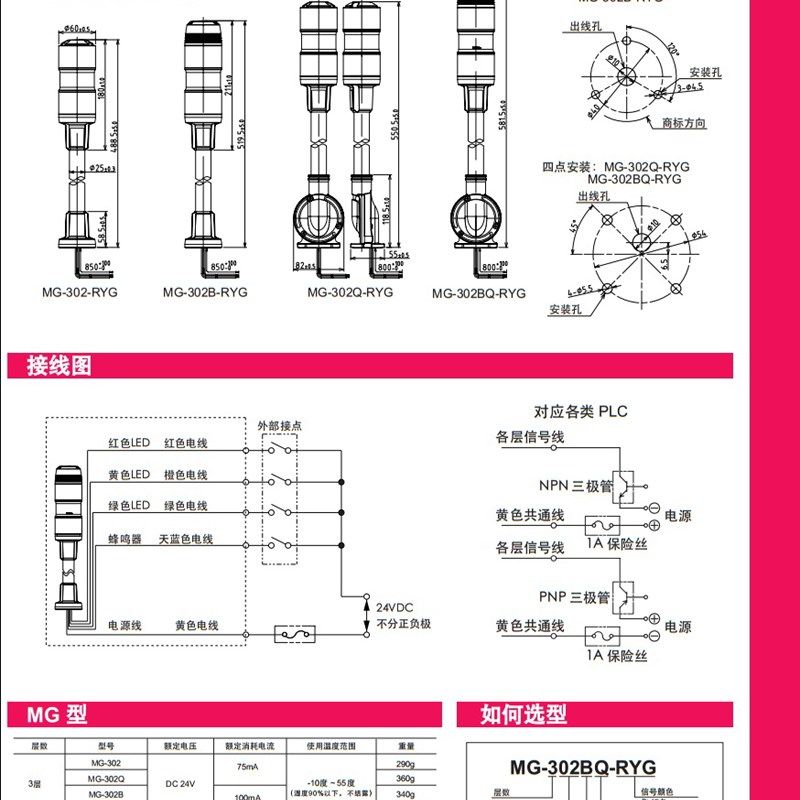 现货Patlite派特莱MG302B长亮多层信号灯直径60mmDC24V三色带声音