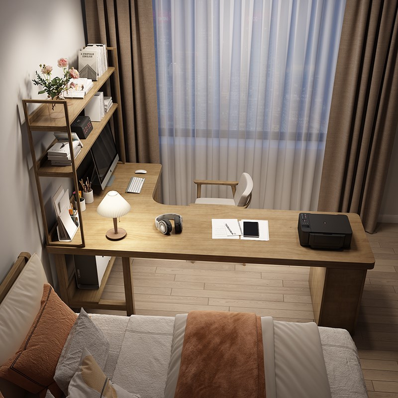 实木L型转角书桌书架一体桌工作台桌学习写字办公电脑桌