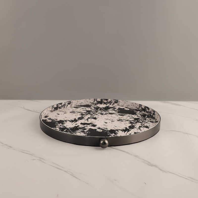 现代金属皮革托盘摆件软装饰品茶室书房桌面家居样板间香薰盘工艺