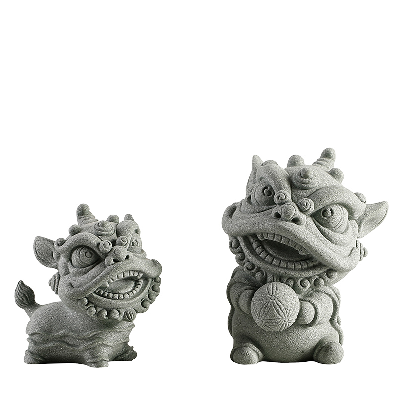 青砂石招财舞狮桌面电视柜装饰摆件创意中式麒麟鱼缸沉水造景摆设