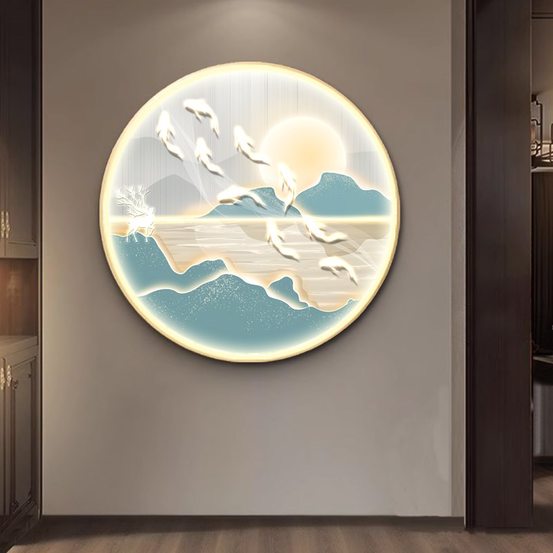 现代轻奢入户玄关装饰画背靠金山九鱼图挂画走廊过道圆形发光灯画图片