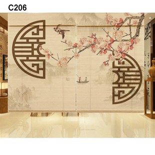 饰隔断门帘升降遮阳 遮阳遮光印花竹帘窗帘卷帘中式 复古茶道装