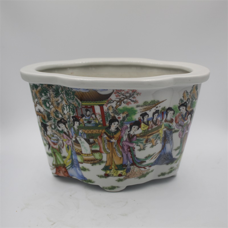 民国粉彩人物花口花盆民间收藏家居装饰花卉摆件仿古瓷器古董古玩