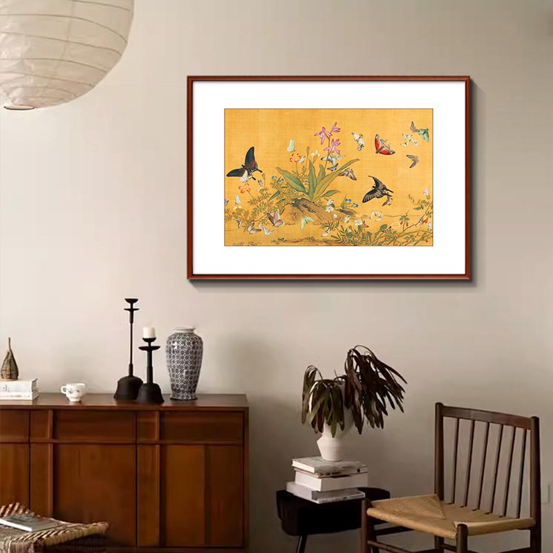 郎世宁百蝶图中古风客厅装饰画蝴蝶法式餐厅挂画书房玄关卧室壁画图片