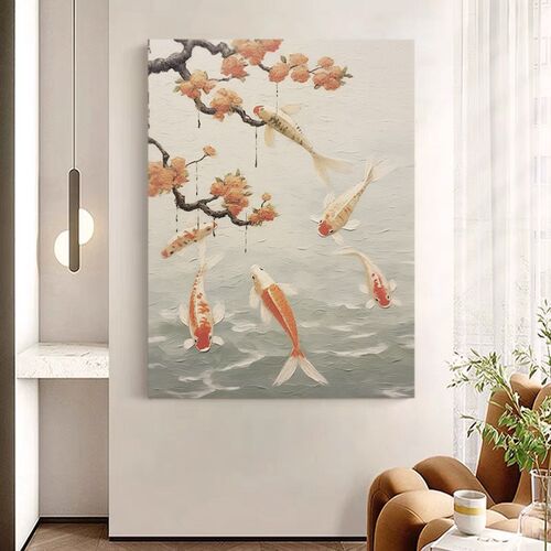 .手绘油画锦鲤常在高级感奶油风装饰画后现代客厅挂画