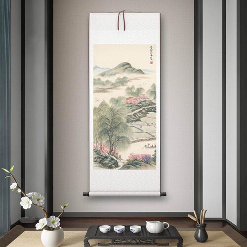 傅抱石春风杨柳万千条客厅书房茶室装饰画山水挂画玄关高