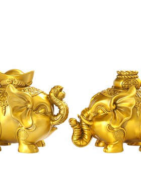 黄铜大象存钱罐一对聚宝盆吸水象四方纳财家居店铺办公室装饰礼品