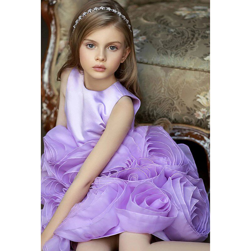 儿童晚礼服高端生日女童六一主持人钢琴演出服绝美紫色玫瑰蓬蓬裙