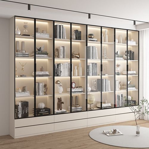 整墙书柜现代简约开门书柜书架家用玻璃门书柜带抽屉防尘柜可定制