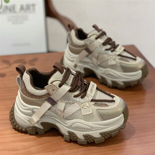 厚底炸街百搭运动鞋 新款 小个子女2025春季 重工水钻7CM真皮老爹鞋