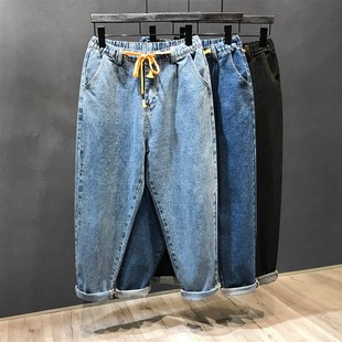 子春秋男生潮流锥形九分裤 老爹牛仔裤 男松紧腰宽松潮牌直筒哈伦裤