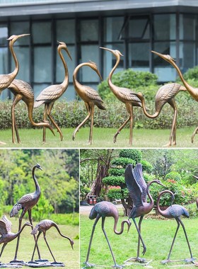 户外花园林景观j新中式仿铜仙鹤玻璃钢雕塑小区草坪动物装饰品摆