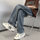 美式 设计感小众抽绳牛仔裤 男潮流宽松直筒休闲长裤 2024新款 春夏季