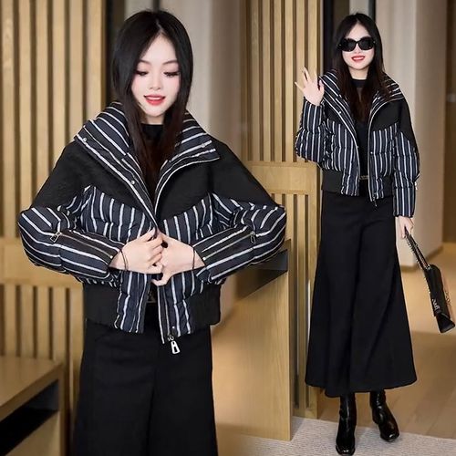 条纹羽绒棉服女小个子2025冬季新款爆款时尚欧货洋气短款立领棉衣