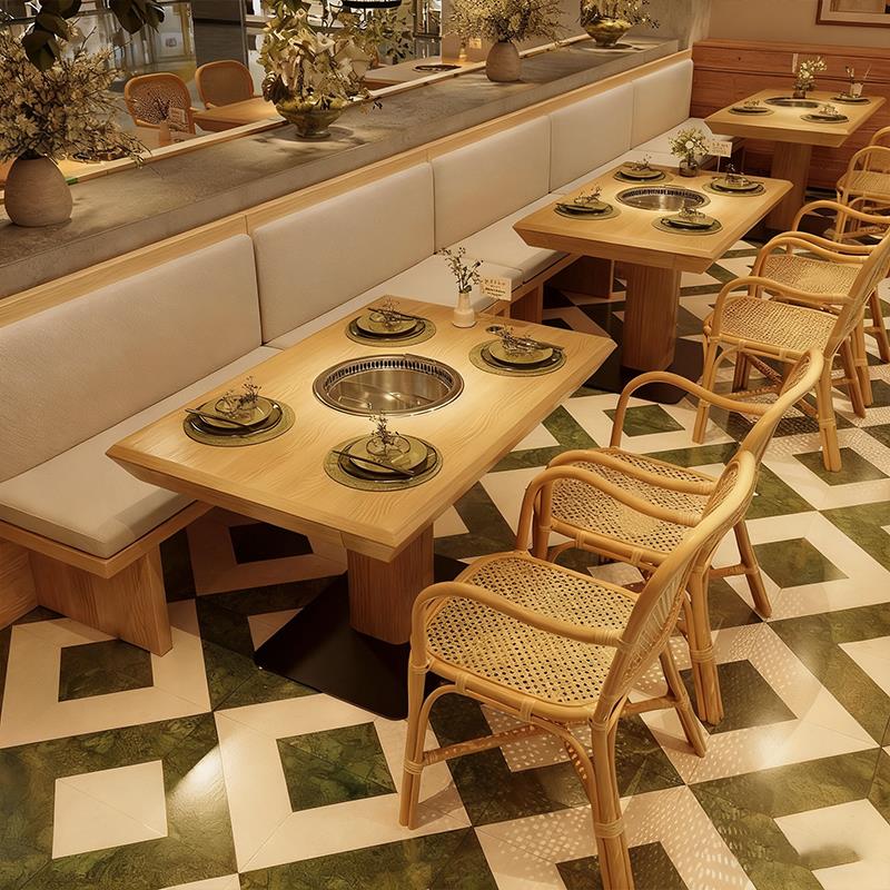 山野风桌椅商用火锅桌子电磁炉一体餐饮串串烤肉桌网红餐厅餐桌椅