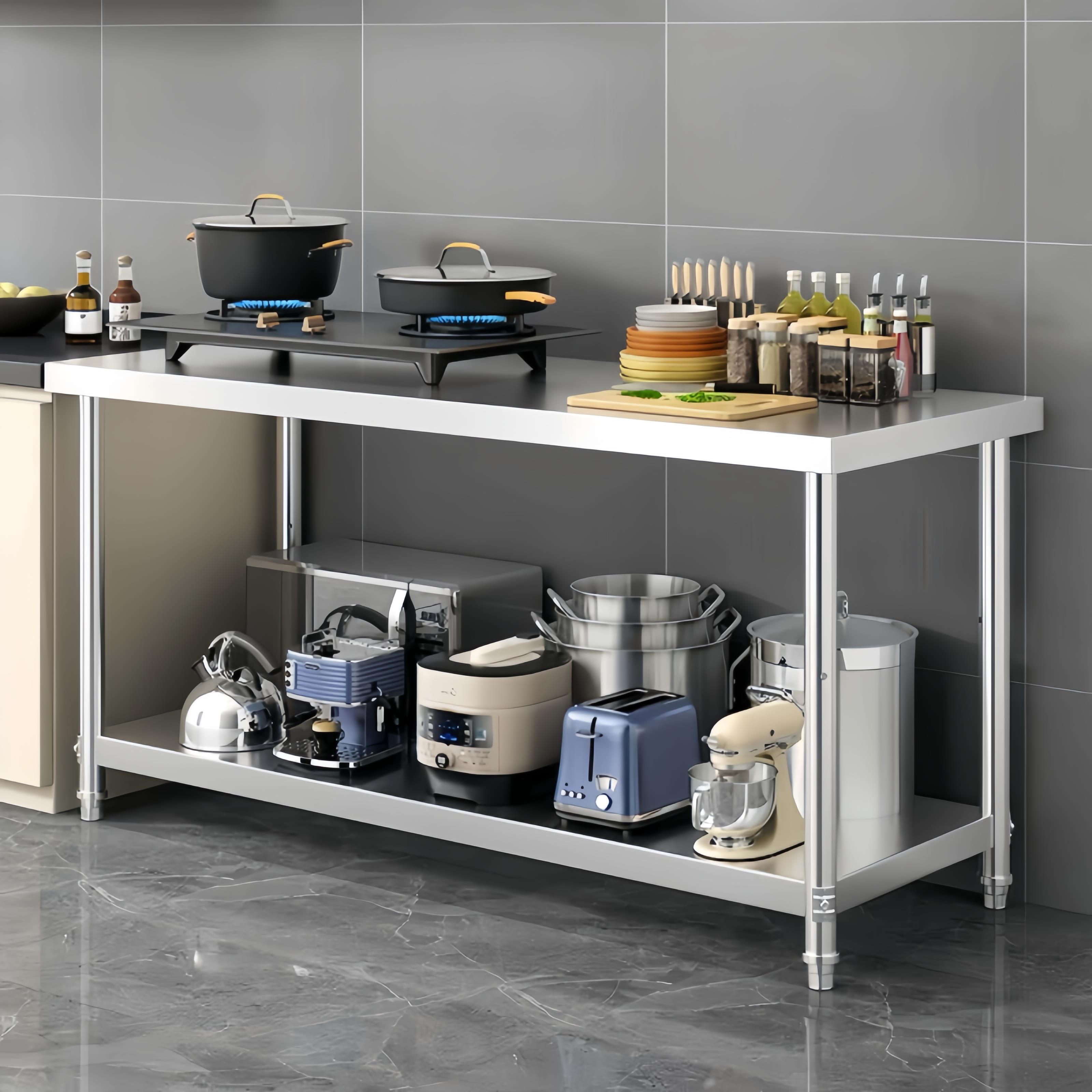 不锈钢双层工作台瓦斯炉案板置物架双层打荷台饭店切菜桌打包台