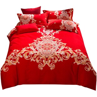 加厚全棉磨毛四件套红色婚庆床品新中式大红被套纯棉结婚床上用品