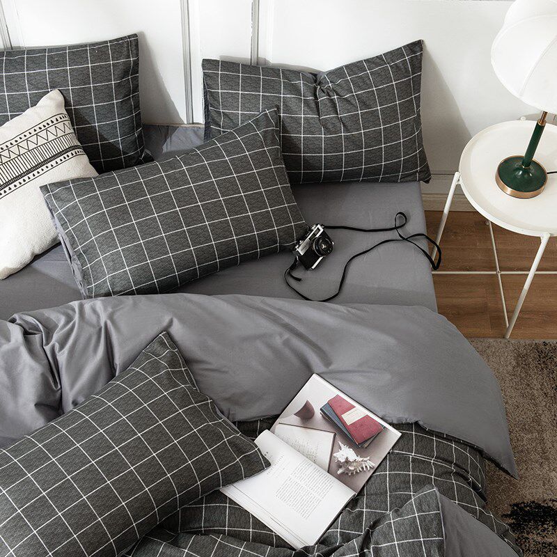 男生格子纯棉四件套全棉被套床笠床单人床上用品三件套大学生宿舍