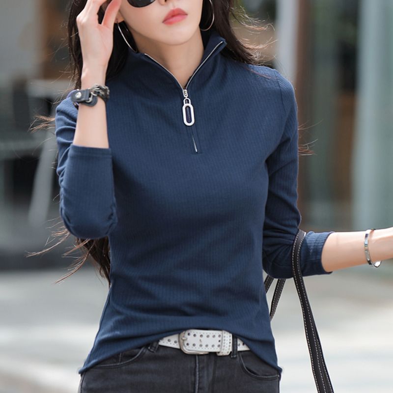 黑色半高领打底衫女秋冬新款纯棉翻领长袖修身洋气春秋外穿上衣服