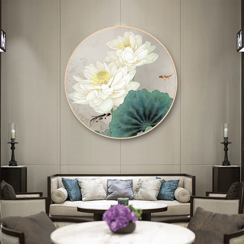 入户玄关装饰画走廊过道圆形挂画新中式荷花客厅晶瓷壁画餐厅墙画图片