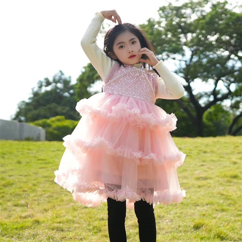 女童加绒加厚背心裙2025新款儿童裙子秋冬款高级感冬季红色公主裙