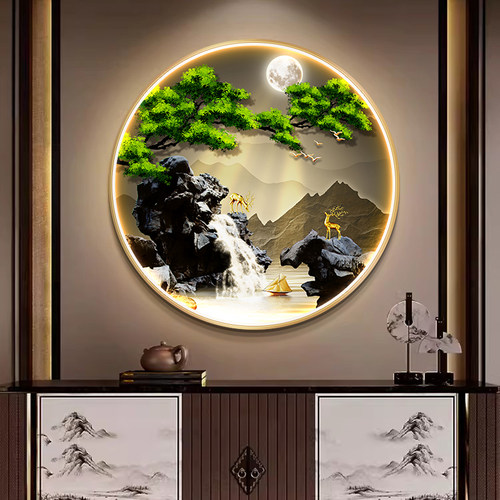 流水生财新圆形玄关装饰画寓意壁画大气山水画客厅挂画
