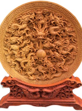 崖柏木雕圆盘龙凤呈祥  福禄寿家居古典装饰品红木雕刻工艺品