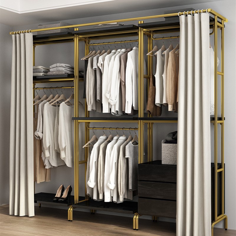 侘寂风金属衣柜铁艺衣架挂衣柜中古风衣帽间家用卧室落地实木衣橱