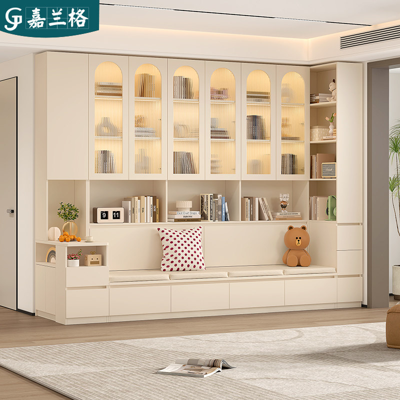 定制客厅卡座沙发书柜一体整墙到顶带玻璃门落地展示柜9F,住宅家具,组合书柜,淘宝优惠券,粉丝福利购,淘宝优惠卷