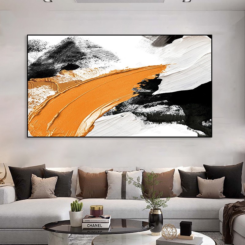 手绘油画立体抽象黑白橙装饰画玄关背景墙现代客厅餐厅挂画手工画图片