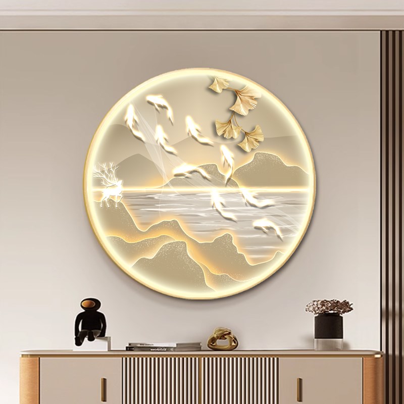 现代轻奢入户玄关装饰画背靠金山九鱼图挂画走廊过道圆形发光灯画图片