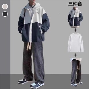 春秋撞色日系夹克外套男装一套韩版百搭冲锋衣bf风青少年三件套装