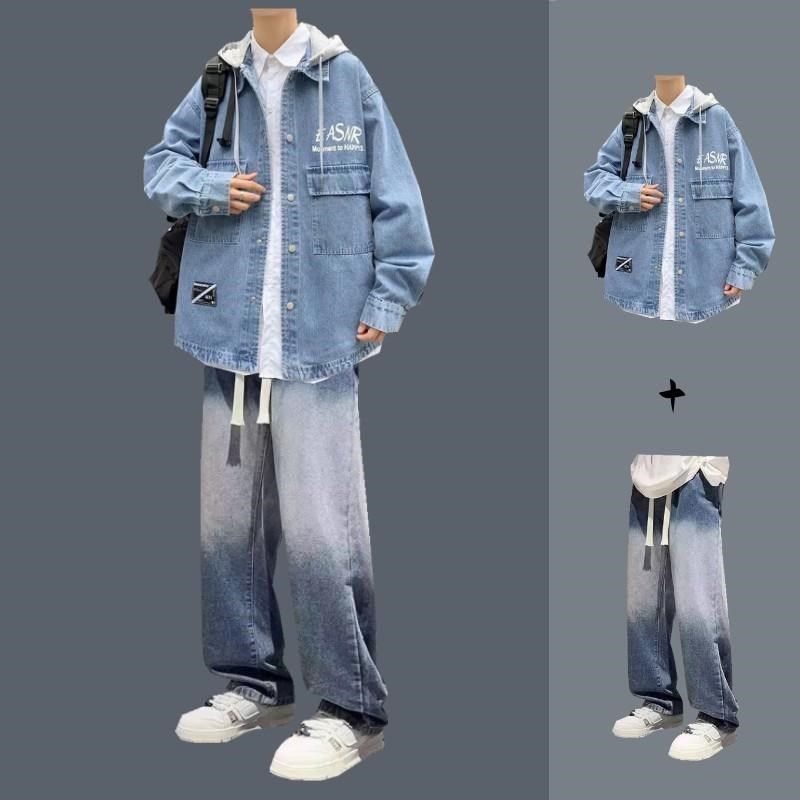 春秋季男生连帽牛仔外套青少年潮流套装一套搭配牛仔裤夹克两件套,男装,休闲运动套装,淘宝优惠券,粉丝福利购,淘宝优惠卷