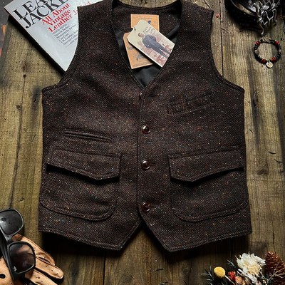 美式复古彩点580g重磅粗花呢猎装马甲羊毛呢V领工装背心男RL咔叽
