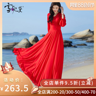 夏季红色雪纺长袖连衣裙女长款到脚踝2021年新款高端超长大摆裙子