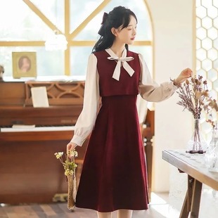 年会战袍法式初恋洋装女秋冬2023春装假两件中长版惊艳A字裙子