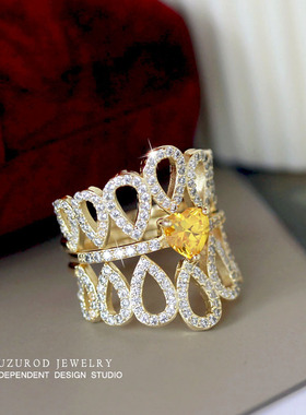 宫廷复古公主风高级感爱心黄钻戒指超仙气质桃心日韩二合一指环女