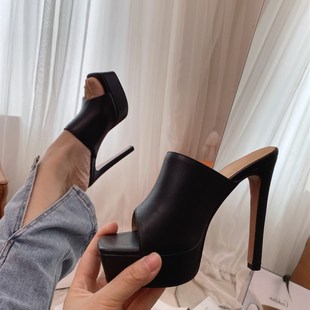 百搭舒适女鞋 女真皮黑色方头拖鞋 13cm 细高跟防水台凉鞋 2024年新款