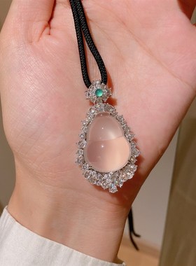 新中式国风20*25mm玉髓大葫芦福禄吊坠项链女阳绿顶珠925银毛衣链