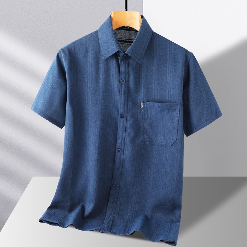 夏季中年男士短袖衬衫冰丝亚麻翻领上衣服中老年人夏装爷爷装衬衣