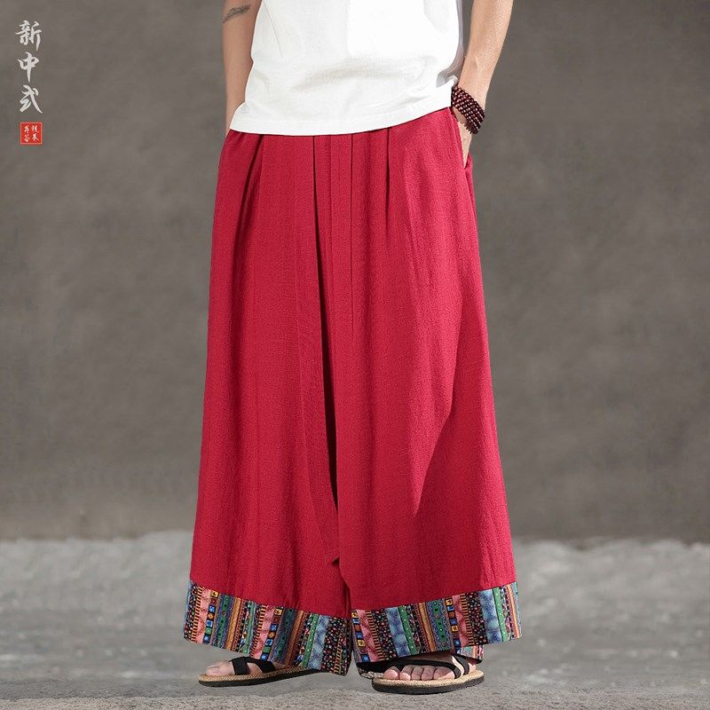 新中式春夏休闲垂感透气阔腿裤中国风宽松大码拼接汉服直筒哈伦裤,男装,秀禾服,淘宝优惠券,粉丝福利购,淘宝优惠卷