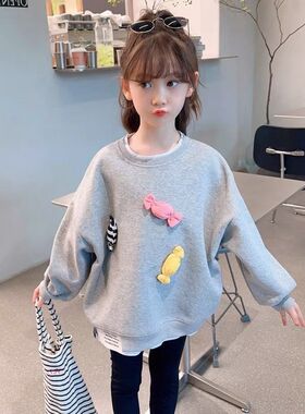 女童卫衣秋装2024新款小女孩宽版灰色长袖春秋中长款儿童休闲上衣