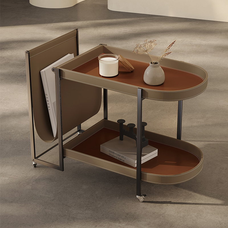 启澜|轻奢马鞍皮边几客厅可移动置物架设计师小推车阳台简约茶几