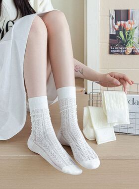 夏季袜子女镂空眼中网百搭女袜日系薄款纯棉筒白色袜诸暨袜业