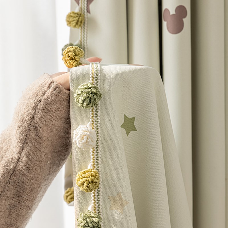 法欧雅奶油in风乐丽棉黄绿色奇奇与星星卡通高遮光窗帘儿童房