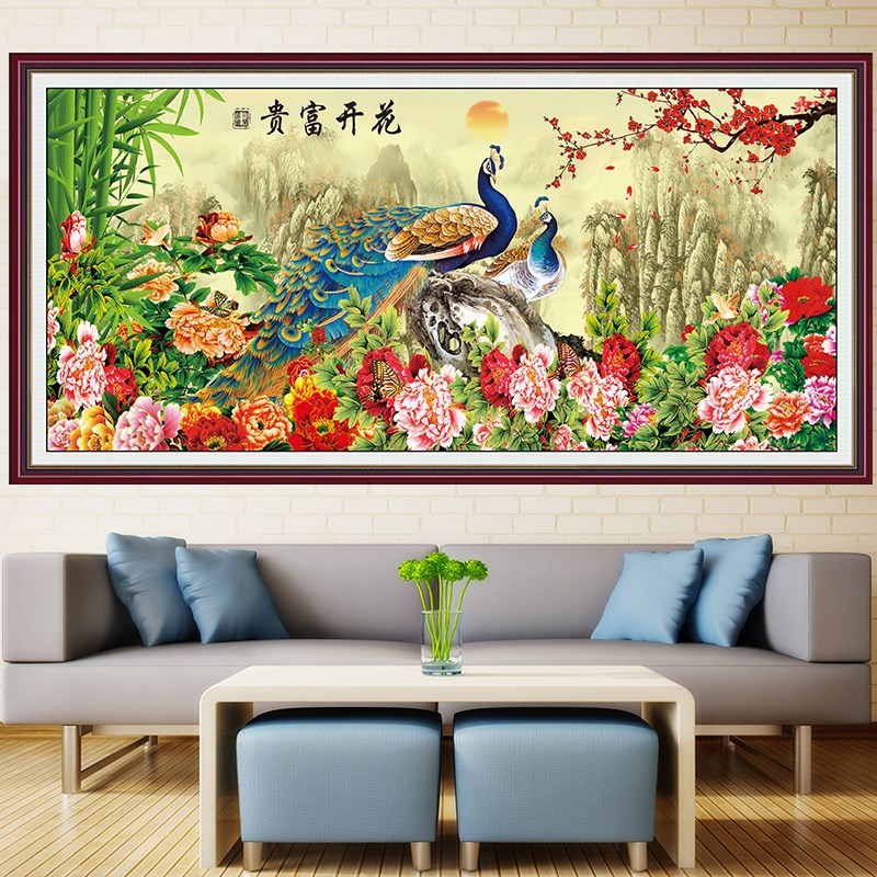 花开富贵壁画中式山水国画孔雀牡丹自粘油画布书房客厅背景装饰画图片