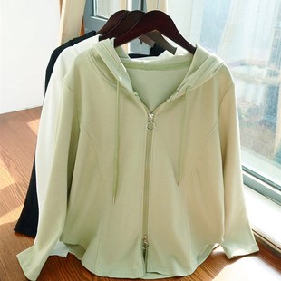 大码薄款卫衣女胖mm长袖T恤春装2024新款宽松双拉链连帽外套上衣